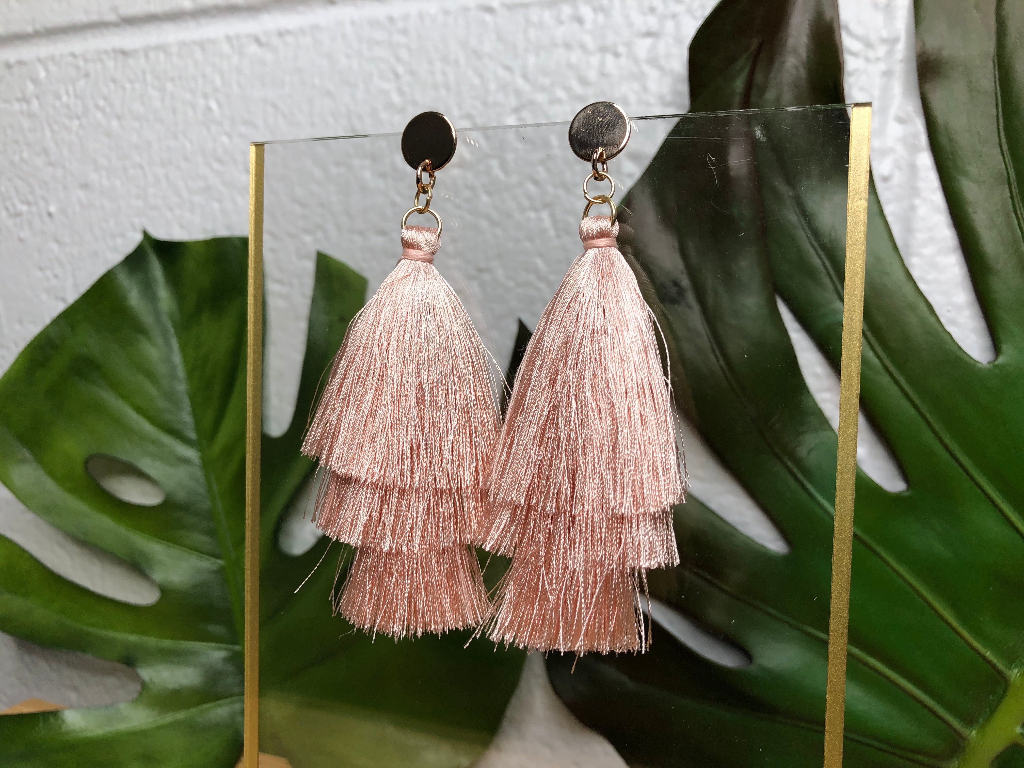 Pink And Gold Tassel Stud Earrings