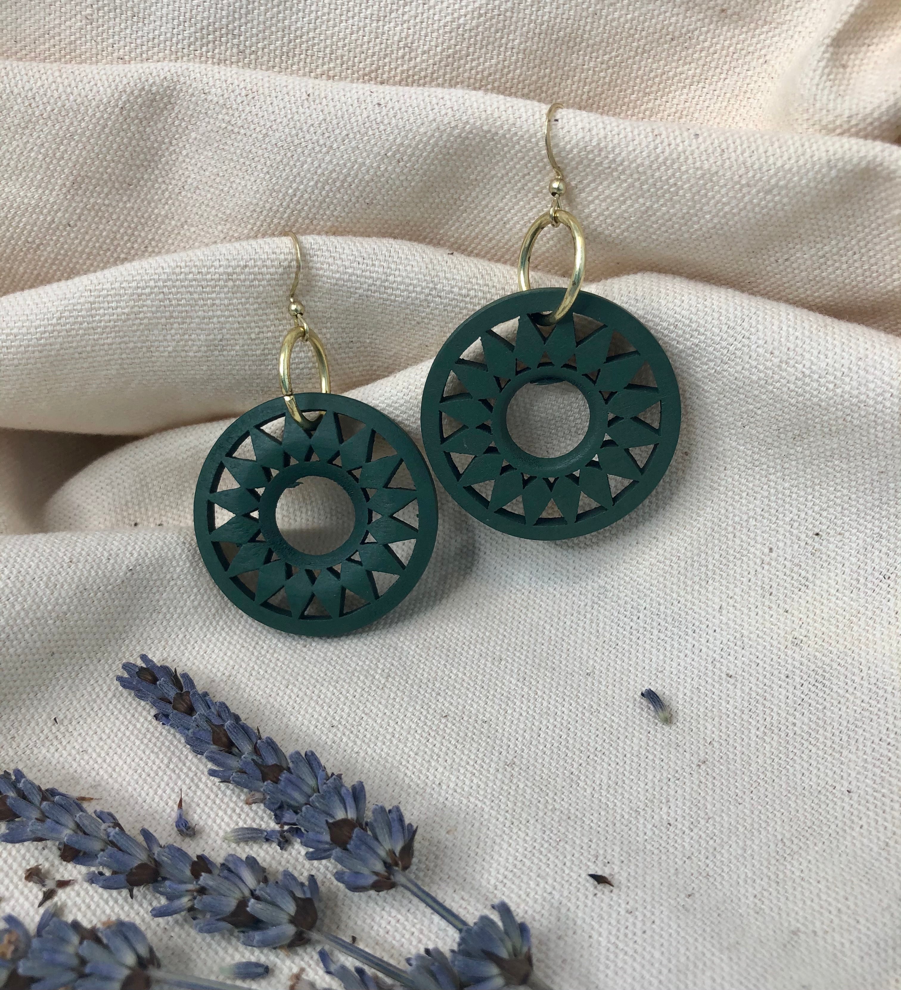 Teal Wooden Flower Earrings